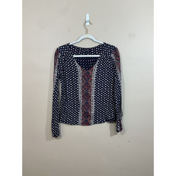 Lucky Brand Womens Boho Shirt Size Medium Blue Hippie Flowy Geometric Festival - Picture 1 of 5